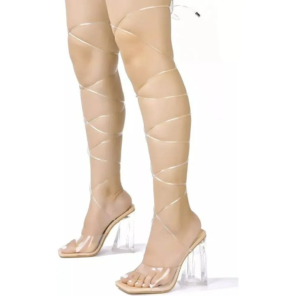 Ladies 7 Clear Chunky Block Platform Heels Transparent Lace Up Leg Open Toe NIB